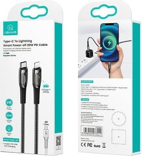 Actual product image Usams Cable pleciony USB-C na Lightning Smart Power-off 20W PD Cable 1.2m czarny/black SJ518USB01 (U (1.20 m, 20 W)
