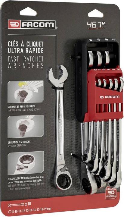 Actual product image Facom Ratchet ring open-end wrench set (10 mm, 11 mm, 12 mm, 13 mm, 14 mm, 16 mm, 17 mm, 18 mm, 19 mm, 8 mm)