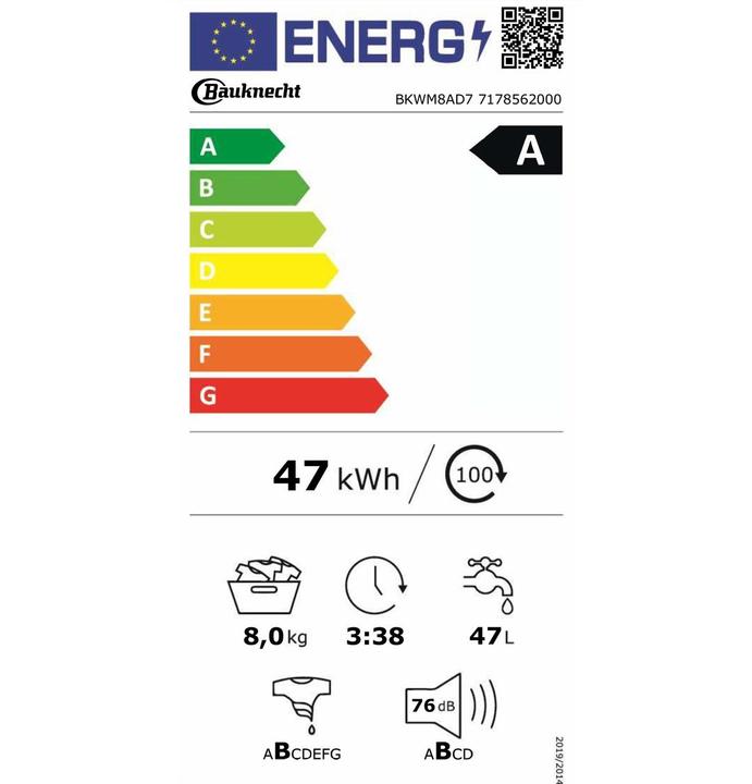 Label énergétique Bauknecht BKWM8AD7 (8 kg, Gauche)