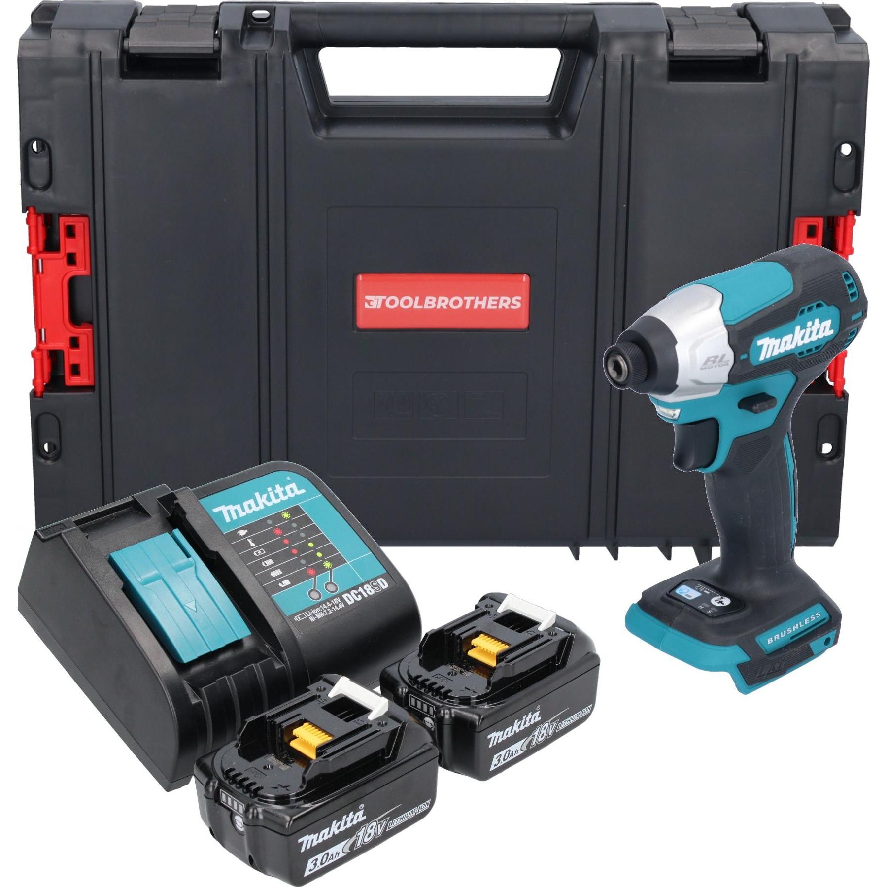Makita, Bohrmaschine + Akkuschrauber, DTD 157 SFJ-R Akku Schlagschrauber 18 V 140 Nm 1/4" Brushless + 2x Akku 3,0 Ah + L...