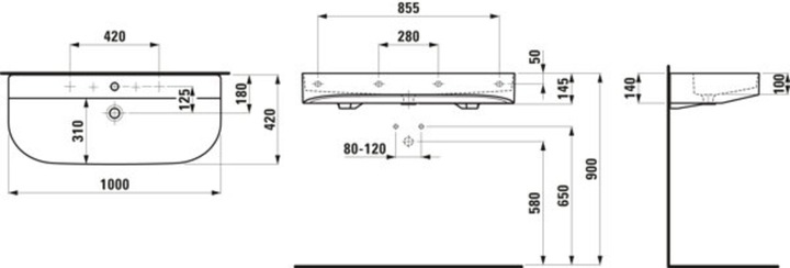 Produktbild Laufen Sonar Waschtisch unterbaufähig, 2 Hahnlöcher, mit Überlauf, 1000x420mm, H810347 (1052 mm, 190 mm)