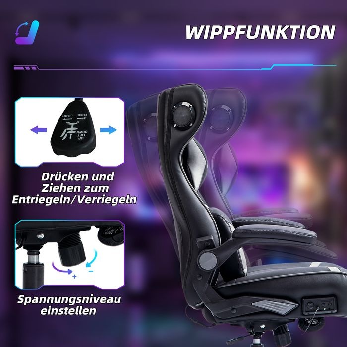 Produktbild Swisshandel24 Gaming Stuhl mit Wippen- und Schaukelfunktion, ergonomisch, bis 120 kg, Schwarz+Grau