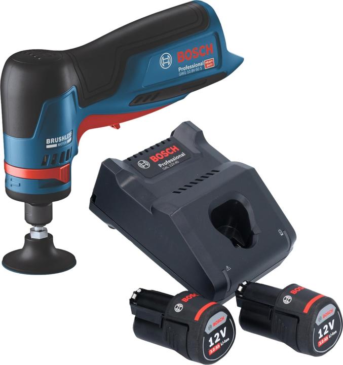3000 mAh Li-Ion Stab Einschub Akku, 1x Bosch GAL 12V-40 Professional Schnell Ladegerät, 1x Bosch GWG 12V-50 S Professional Akku Geradschleifer, 1x Schraubenschlüssel, 1x Spannzange mit Überwurfmutter 6 mm (2 608 570 084), 2x Bosch GBA 12 V 3,0 Ah