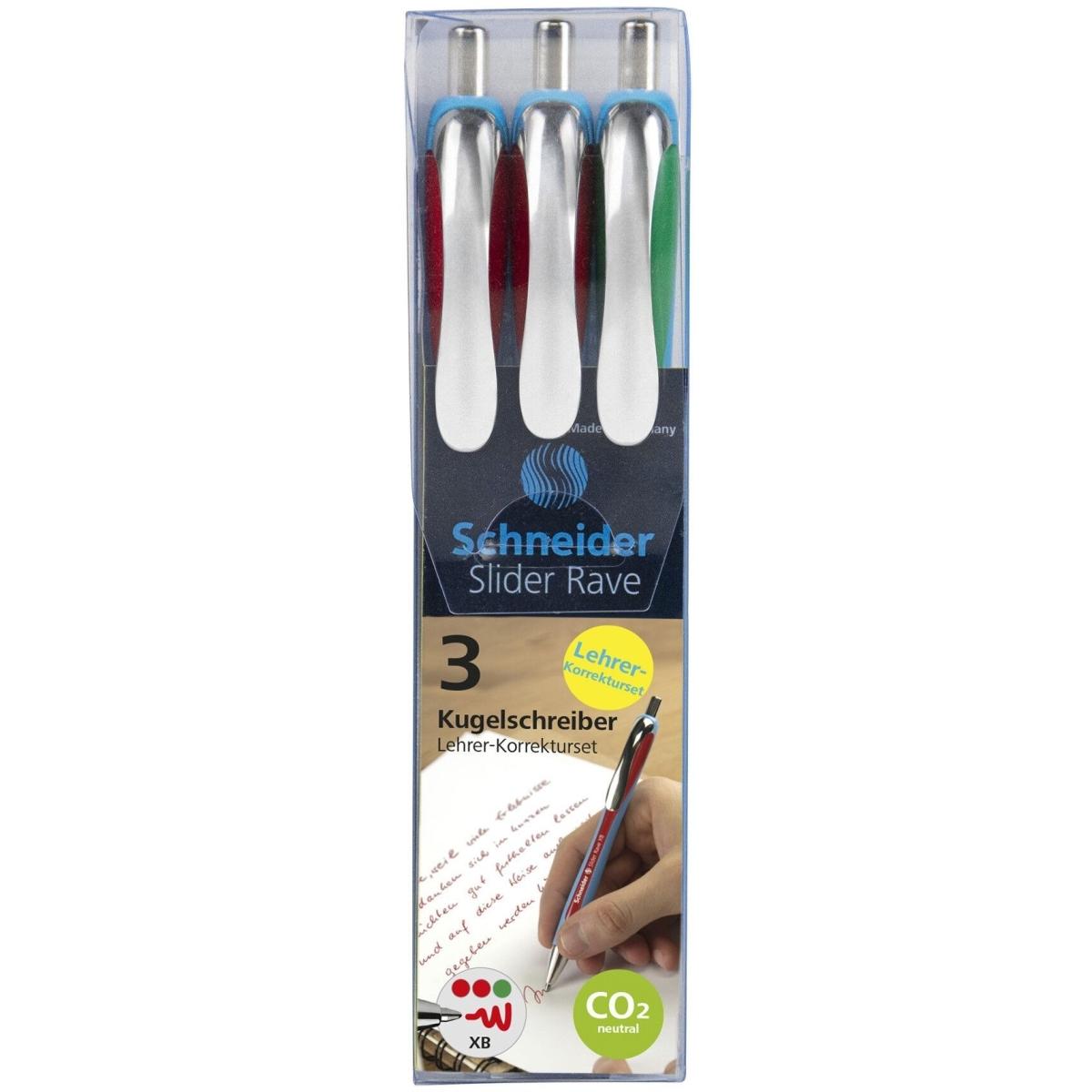 Schneider, Schreibstifte, 3 Kugelschreiber Slider Rave blau Schreibfarbe farbsortiert (Grün, Rot, 3 x)
