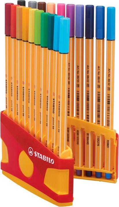 Productafbeelding STABILO punt 88 Fineliner (Abrikoos, Appelgroen, Blauw, Bruin, Dennengroen, Donker oker, Donkergrijs, Geel, Groen, Lichtblauw, Lila, Medium blauw, Nachtblauw, Oranje, Paars, Rood, Roze, Turquoise blauw, Zwart, 20x)