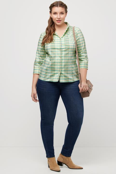 Produktbild Ulla Popken Bluse, Karo, Slim, Kelchkragen, V-Ausschnitt, 3/4-Arm (46, 48)