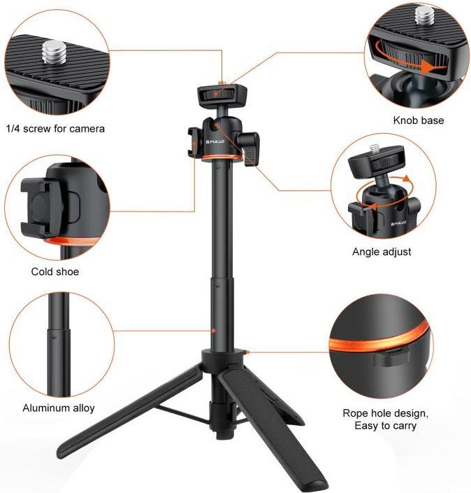 Produktbild Puluz Mini Phone Camera Extension Tripod Stand 360 Degree Ball Head Cold Shoe Selfie Stick (Black) (Metall)