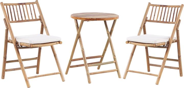 Actual product image Beliani Balcony set bamboo wood light brown cushions cream white foldable SAVALLETRI