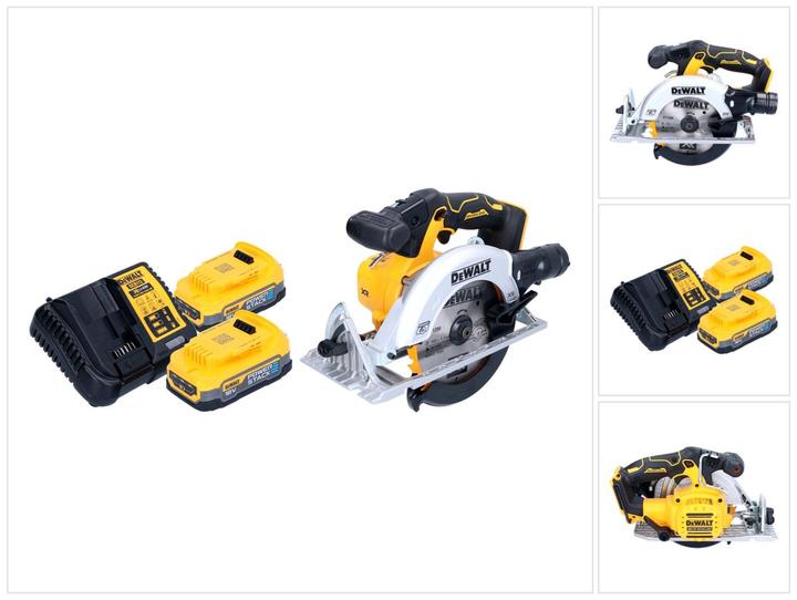 1x DeWalt DCS 565 cordless portable circular saw, 1x saw blade, 1x rip fence, 1x dust extraction adapter, 2x DeWalt DCBP 034 18 V 1.7 Ah Powerstack battery, 1x DeWalt DCB charger