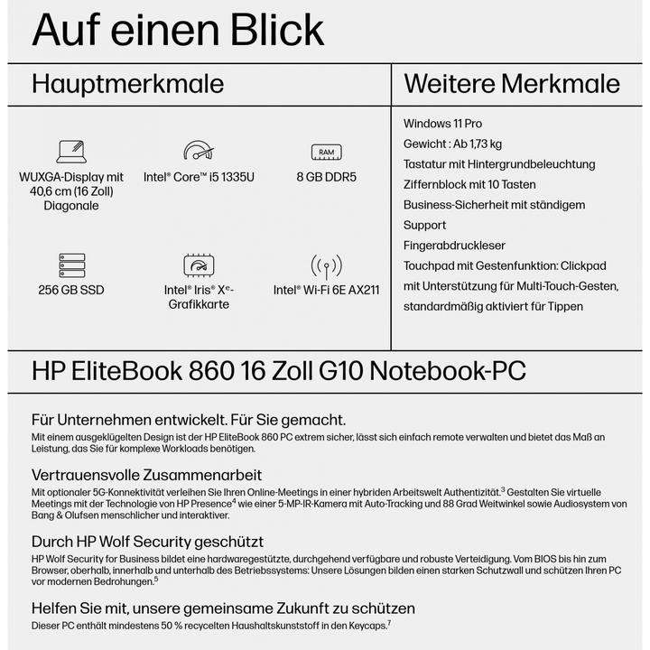Produktbild HP ELITEBOOK 860 G10 I5-1335U 8GB (16", Intel Core i5-1335U, 8 GB, 256 GB, DE)