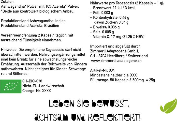 Produktbild Zimmerli Adaptogene Ashwagandha Kapseln (BIO) 50 Kapseln (1 Stück, Kapseln, 25 g)