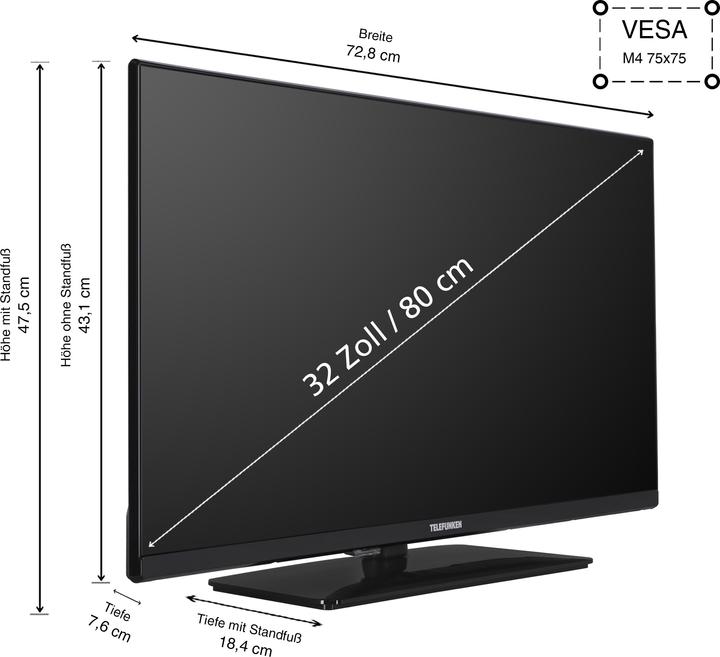 Produktbild Telefunken XH32N750M (80 cm (32 Zoll), schwarz, WXGA, Triple Tuner, Mediaplayer) (32", LED, HD ready)