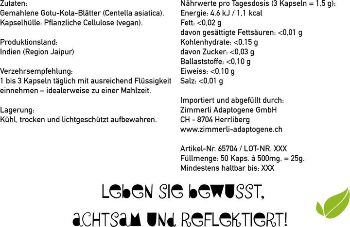 Produktbild Zimmerli Adaptogene Gotu Kola Kapseln 50 Kapseln (1 Stück, Kapseln, 25 g)