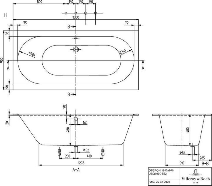 Actual product image Villeroy & Boch V&B built-in bath OBERON R-corner1900x900mm stone white (190 cm, 90 cm)