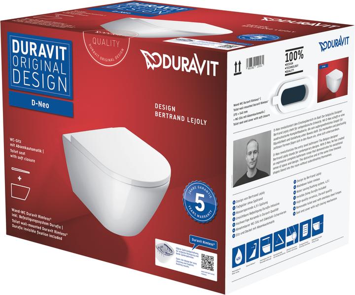 Produktbild Duravit Wand-WC-Set D-NEO tief rim. mit WC-Sitz inkl. Durafix weiss