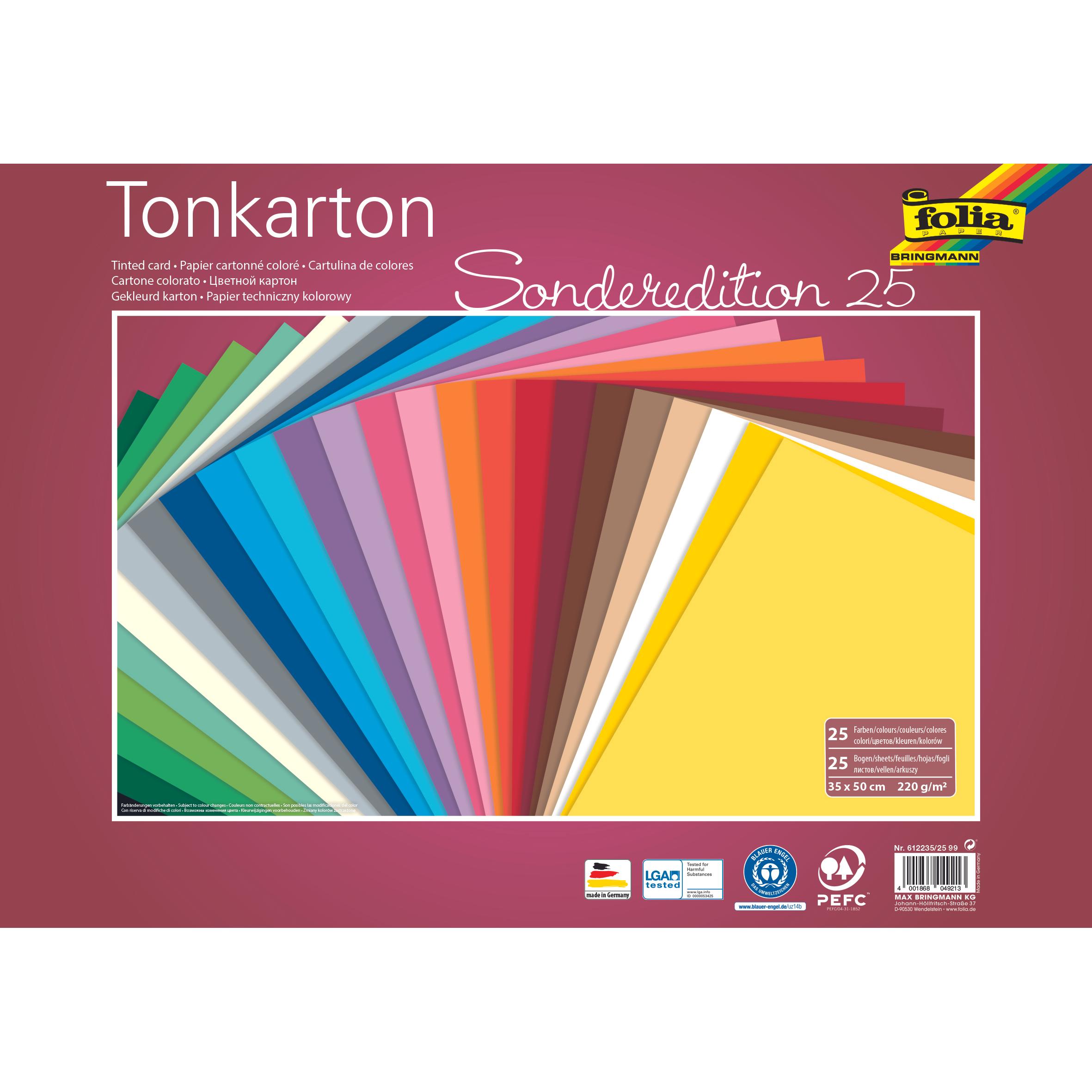 Folia, Bastelpapier, Tonkarton, (B)350 x (H)500 mm, 220 g/qm, sortiert (220 g/m², 25 x)