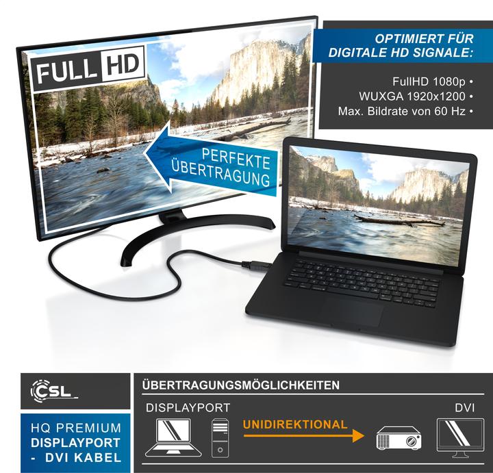 Produktbild CSL DisplayPort Video-Kabel, 20 Pins, DVI-D, Monitorkabel, HDCP und EDID Zertifiziert, FHD Ausflösung (1 m, DisplayPort, DVI)