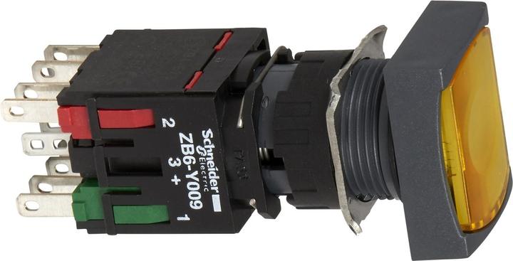 Actual product image Schneider Electric Luminous pushbutton, yellow, rectangular. Complete unit Ø16, flat without latch. 1S+1Ö 12-24V
