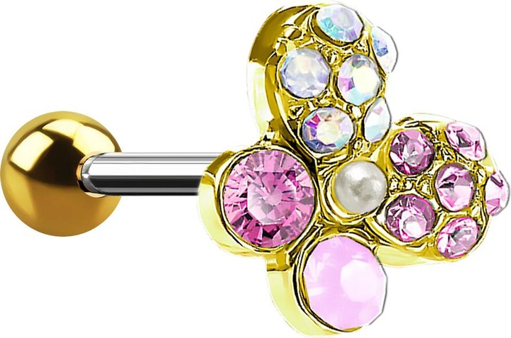 Produktbild Star Piercing Micro Barbell 14k vergoldet Schmetterling mit Kristallen (Chirurgenstahl 316L, Messing)