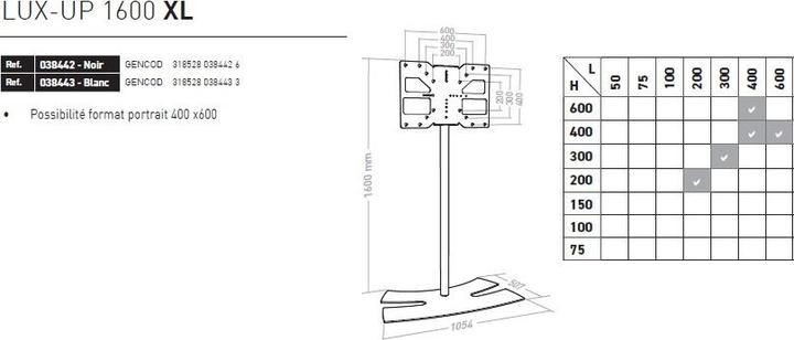 Image du produit Erard LUX-UP 1600XL Support pour écran 40-85 pouces, blanc (75", 50 kg)