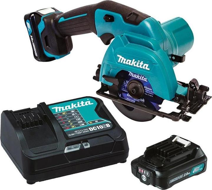 2x rechargeable battery BL1020B (10.8 V / 2.0 Ah), charger DC10SA, suction nozzle, Allen key, transport case, 1x saw blade 85x15mm