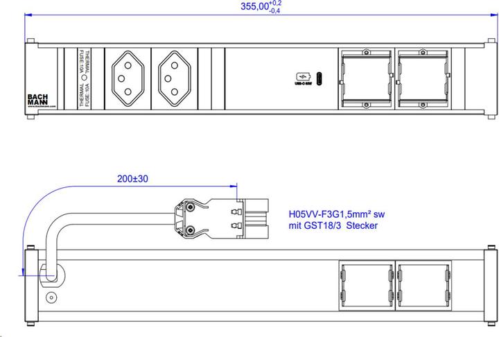 Produktbild Bachmann Einbausteckerleiste CONI, 2x T13, 1x USB C, 2x Custom leer (2 x, Typ 13)