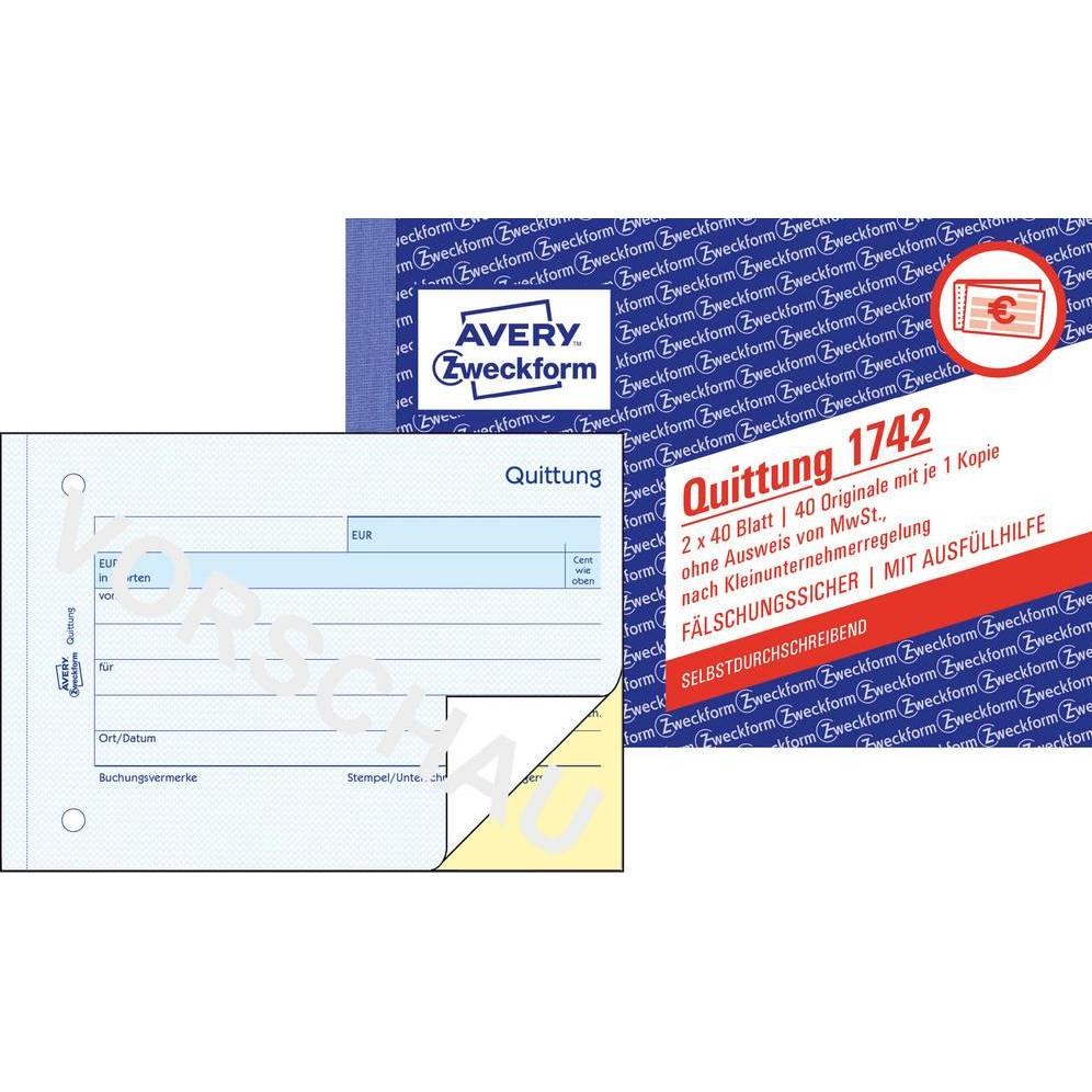 Avery, Formular, Quittung Kleinunternehmer ohne MwSt., A6 quer (40 x)