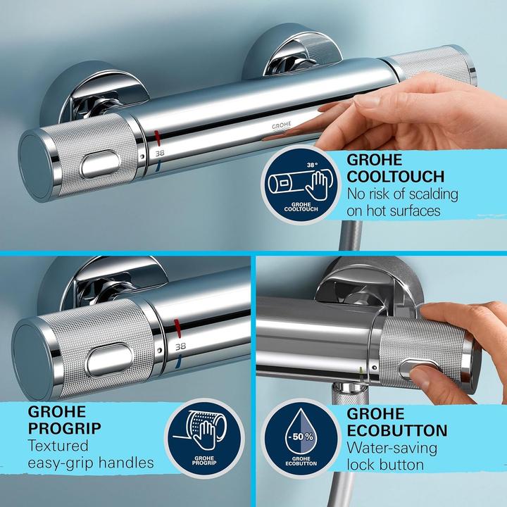 Actual product image Grohe Precision Feel QuickFix thermostatic shower mixer and Vitalio Start 110 shower rail set, length