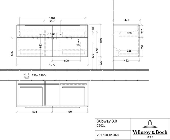 Actual product image Villeroy & Boch Subway 3.0, washbasin cabinet, 1272x576x478 mm, 4 drawers, C602L2