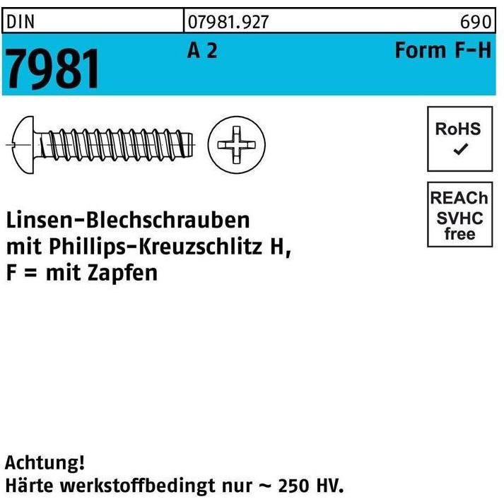 Reyher, Schrauben, Blechschraube ISO 7049 LIKO m.Zapfen/Kreuzschlitz-PH 3,9 x 13 -F-H A 2 (1000 Schrauben pro Stück)
