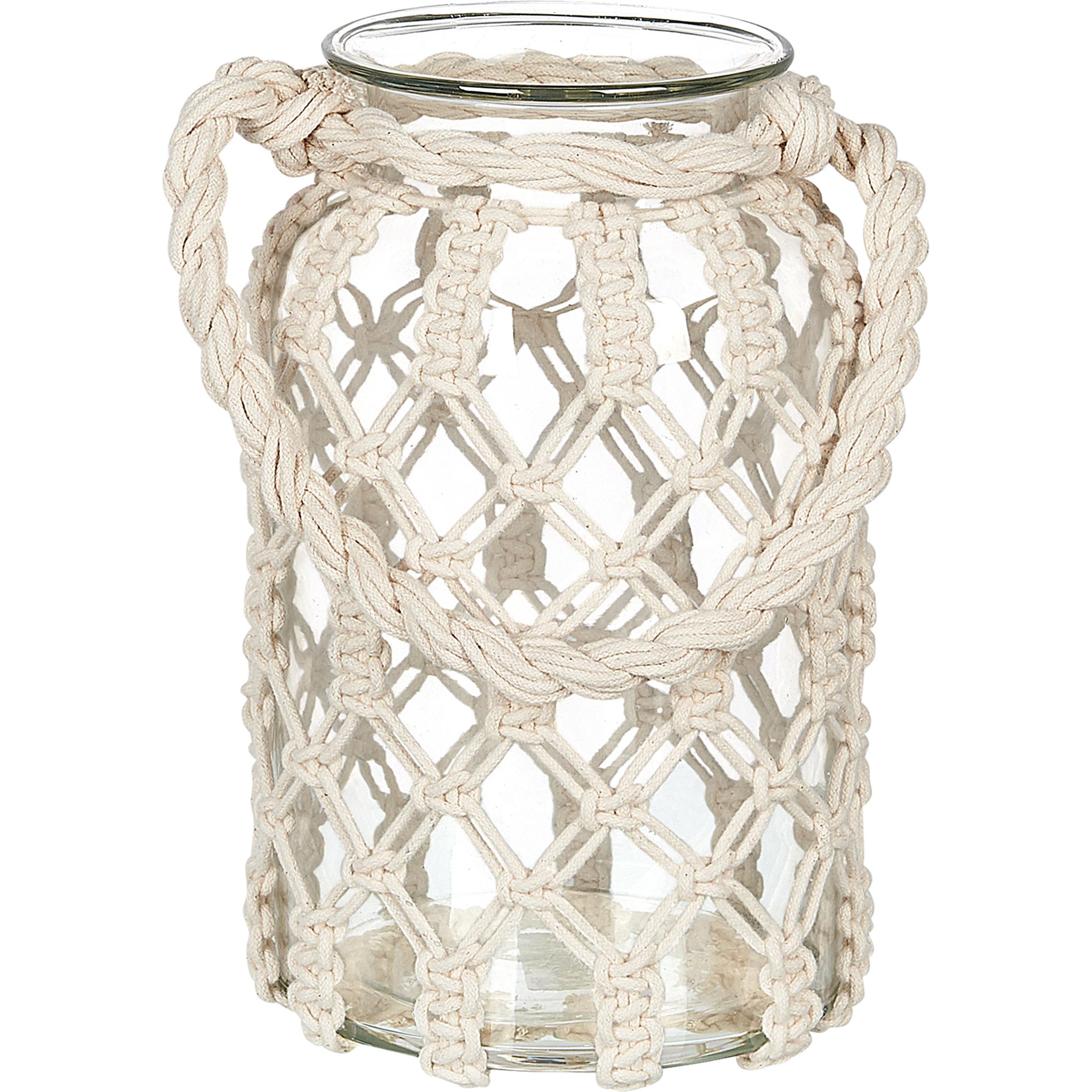 Beliani, Laterne, Laterne Glas cremeweiss Makramee mit Tragegriff 31 cm JALEBI (1 x)