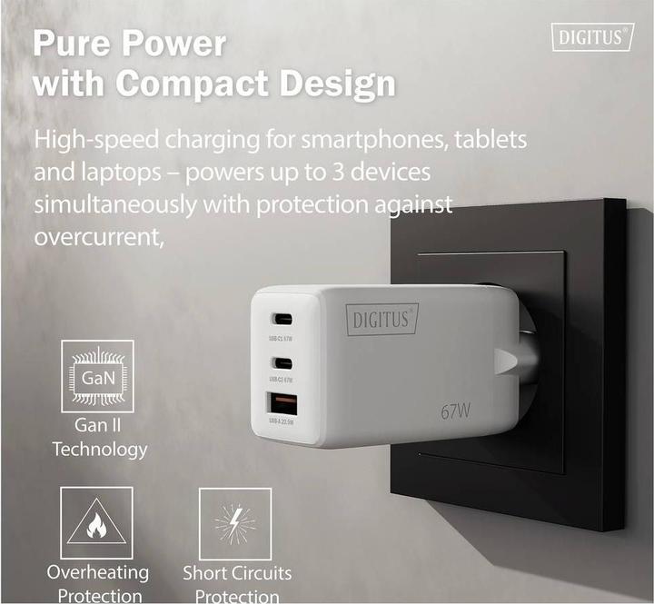 Productafbeelding Digitus USB GaN Charger 67W, 2x USB-C, 1x USB-A (67 W, 3 ports)