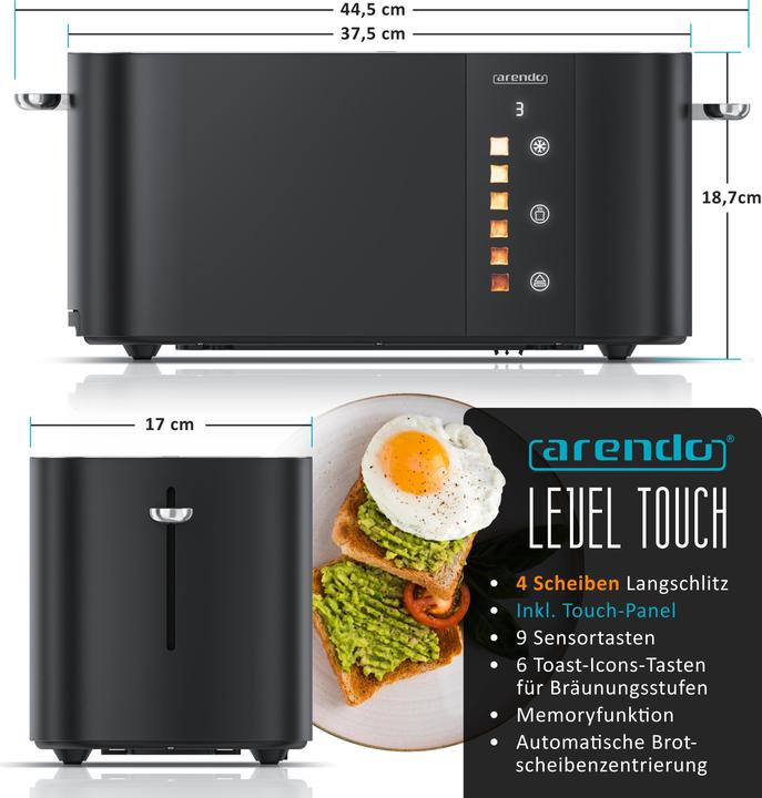 Actual product image Arendo Toaster Edelstahl 4 Scheiben Langschlitz, Restzeit & Bräunungsgradanzeige, Touch Display, 1500 W
