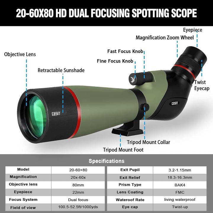Image du produit Gosky 20-60x80 Long Vision - BAK4 Angle Telescope - Newest Waterproof Aiming Bezel for Shooting
