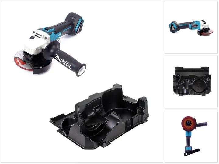 1 x Makita DGA 504 Z 18 V Li-Ion cordless angle grinder solo, 1 x Makita 125mm grinding disc A-80656, 1 x Makita MakPac insert, 1 x assembly tool, without battery, 1 x additional handle, without charger, without Makpac, 1 x manual