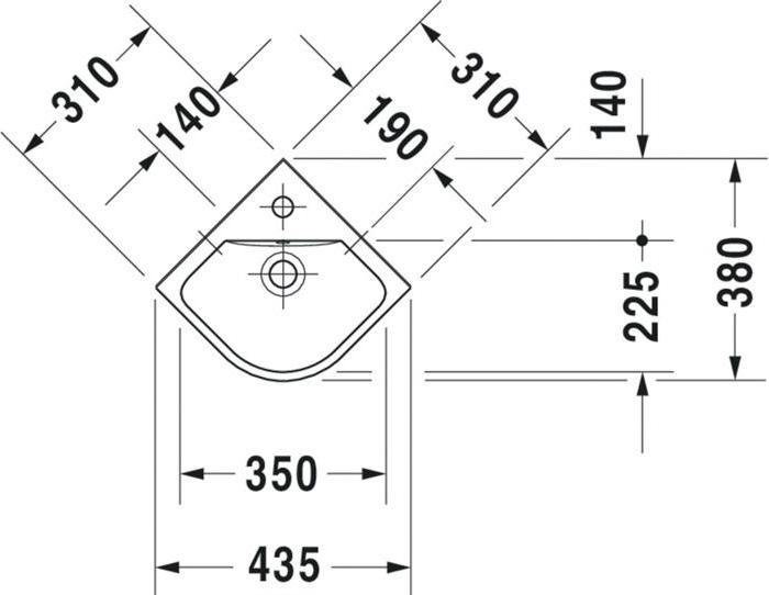 Produktbild Duravit Eck-Handwaschbecken ME by Starck m ÜL m HLB 435x380mm 1 HL we seidenmatt (380 mm, 435 mm)