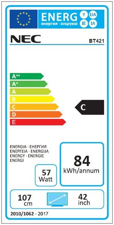 Energie-Label NEC BT421, 106,7 cm (42 Zoll), VA, 1920 x 480 Pixel, 700 cd/m², WUXGA, Direct-LED (1920 x 480 Pixel, 42")