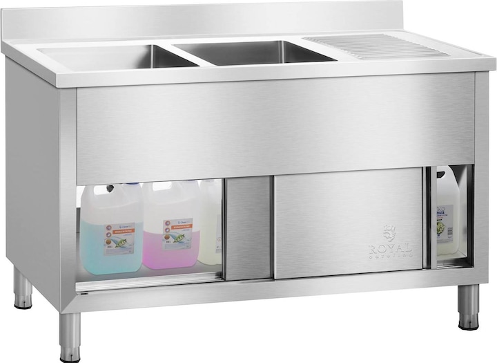 Produktbild Royal Catering Spülschrank Edelstahl Doppel Küchenspüle Edelstahlspültisch Spüle Schiebetüren (64 cm, 140 cm)