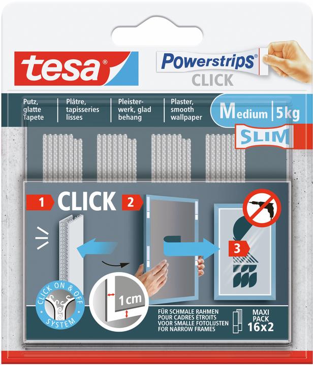 Immagine prodotto tesa Powerstrips CLICK - Klett-Klebepads - Bilder aufhängen ohne Bohren - Slim - 16x 2 Stück (10 mm, 5 kg)