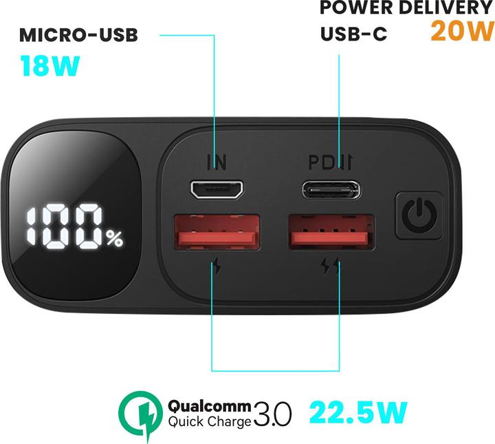 Image du produit Bwoo 20W 20000 mAh power bank with LCD screen, black (20000 mAh, 22.50 W)