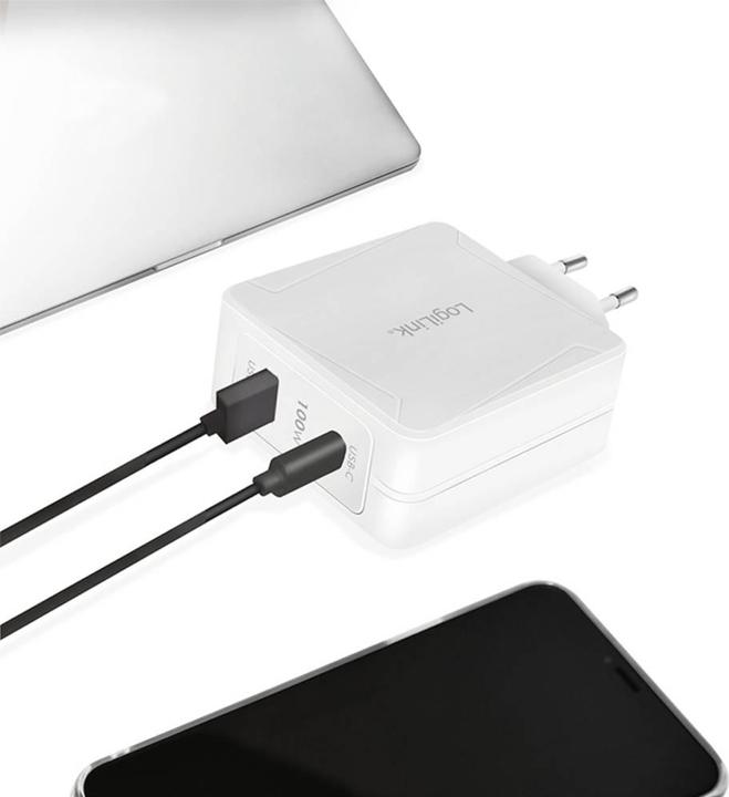 Productafbeelding LogiLink USB-contactdoosadapter, 1x USB-C (PD) & 1x USB-A, GaN, 100 W (100 W, 2 ports)