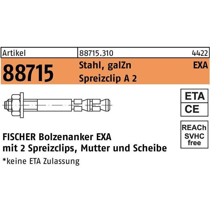 Thumbnail - Fischer, Dübel, Bolzenanker R 88715 EXA 10/140 Stahl galvanisch verzinkt/Spreizclip A 2 (25 Stk.)