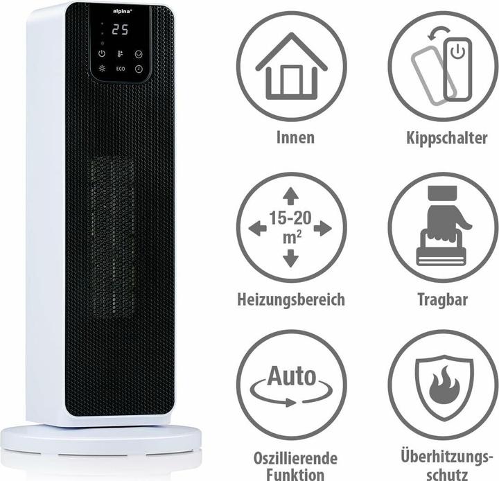 Produktbild alpina Turmheizlüfter PTC-2702L, 2000 W, mit Fernbedienung, schwarz-weiss (2000 W)