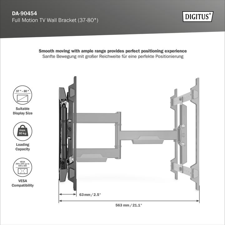 Immagine prodotto Digitus Montaggio a parete 600x400 -60kg 37-80"/movimento completo/inclinazione/rotazione (Muro, 60 kg, 37" - 80")