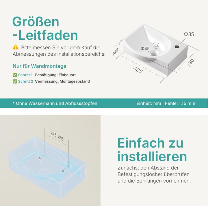 Produktbild Emke Wandwaschbecken 405 x 280 x 140 mm, Rechteckig, Keramik, Linkes Hahnloch, Strahlend weiss (280 mm, 405 mm)