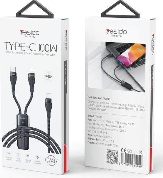 Immagine prodotto Yesido - Data Cable (CA87) - Type-C to Type-C, Lightning, 100W, 480Mbps, 1.4m - Black (1.40 m, USB 2.0, 100 W)