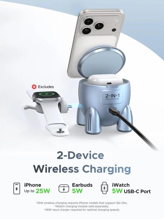 Actual product image Ugreen - Wireless Charger W713 (65300) - 2in1, Qi2, for iPhone, AirPods, Fast Charge, 25W, 3A - Blue (25 W)