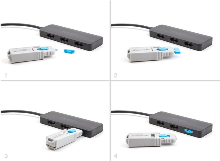 Actual product image Delock HDMI port blocker set for HDMI sockets 4 pieces + locking tool
