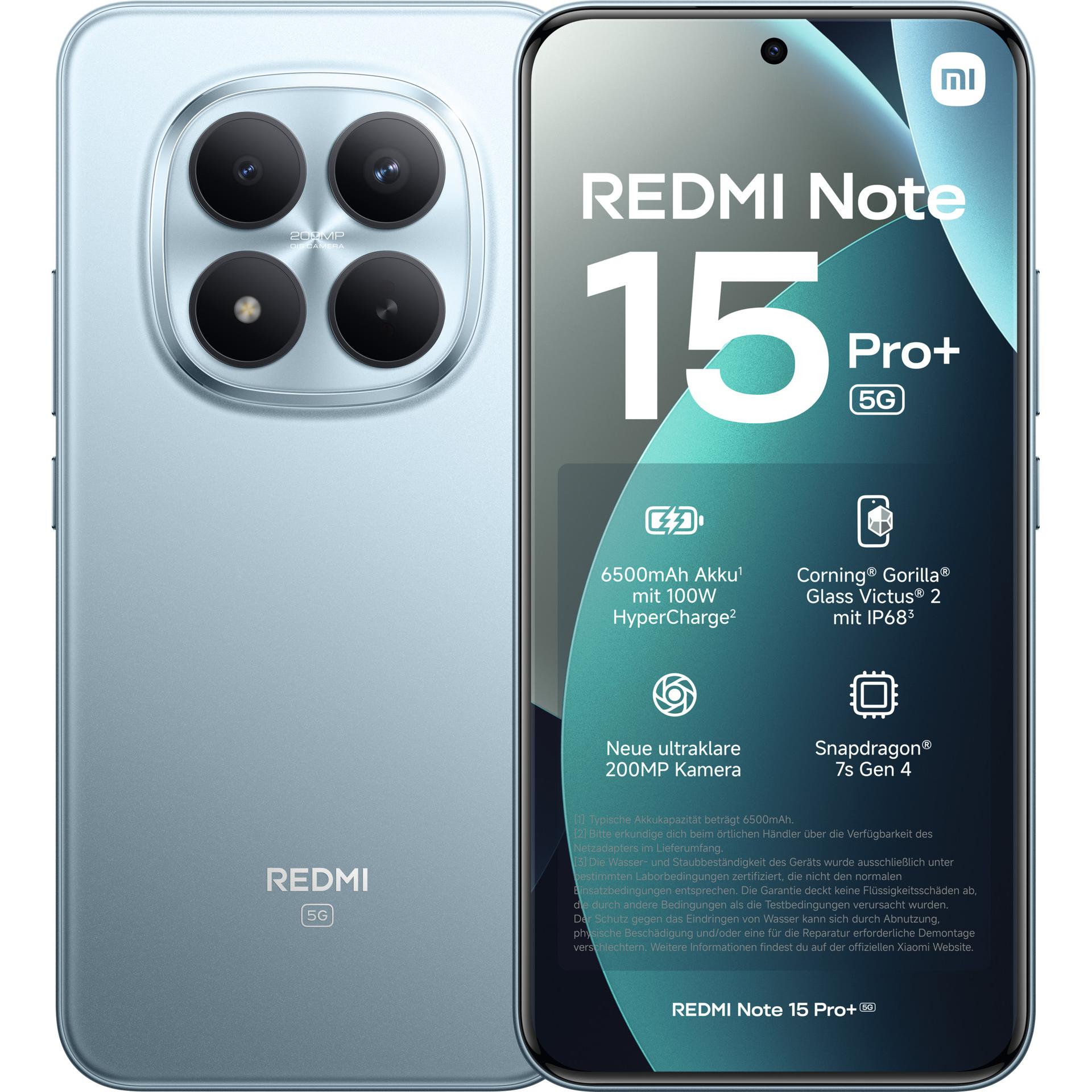 Xiaomi Redmi Note 15 Pro + (256 GB, Blau, Glacier Blue, Hellblau, 6.83", 5G), Smartphone, Blau