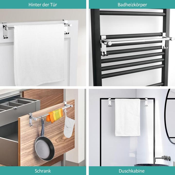 Actual product image Emke Extendable Towel Rail with Hooks, Stainless Steel, No Drilling Required, 44-63cm, Chrome